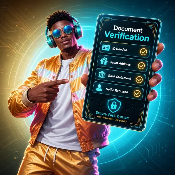 Player verifying identity at SlotsDJ with holographic tablet interface