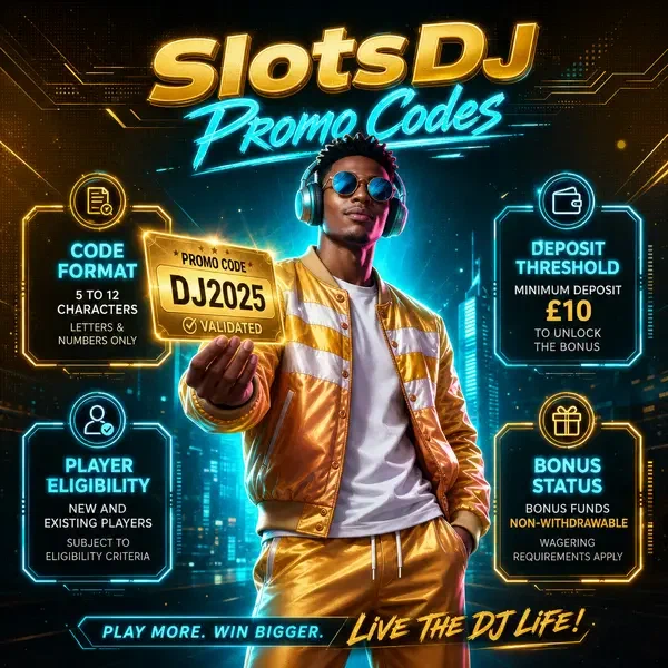 Player holding glowing promo code voucher at SlotsDJ validation counter