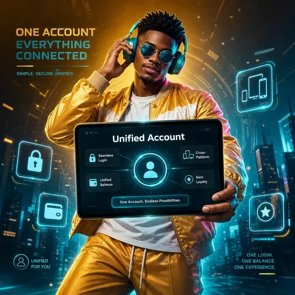 Player with tablet accessing SlotsDJ unified login system in vibrant digital environment