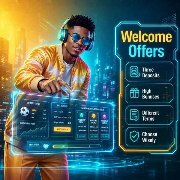 Urban influencer analyzing sports betting odds at SlotsDJ holographic sportsbook display