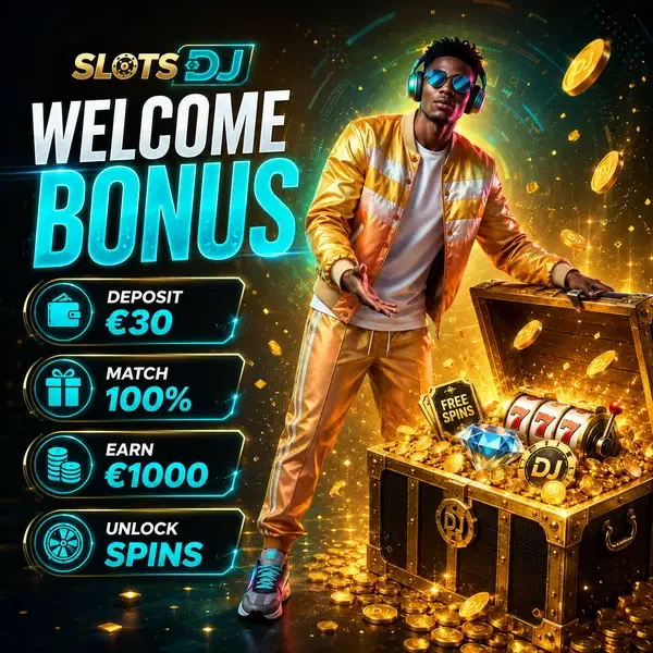 Player discovering welcome bonus treasure at SlotsDJ golden reward chamber