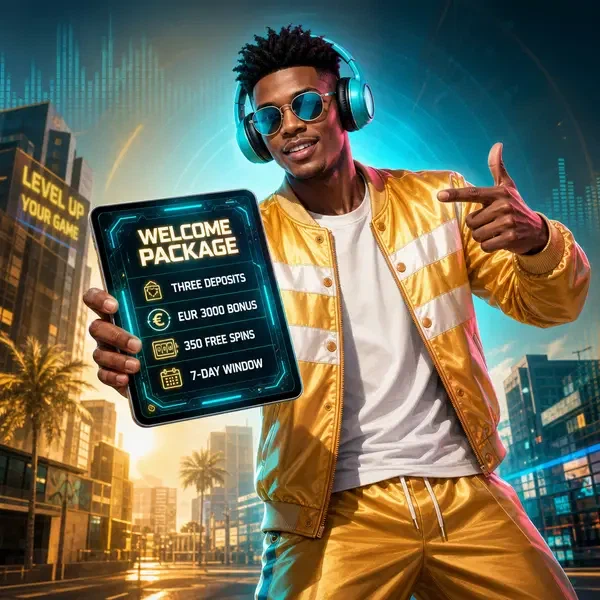 Player signing up at SlotsDJ as futuristic gaming tablet displays welcome package details
