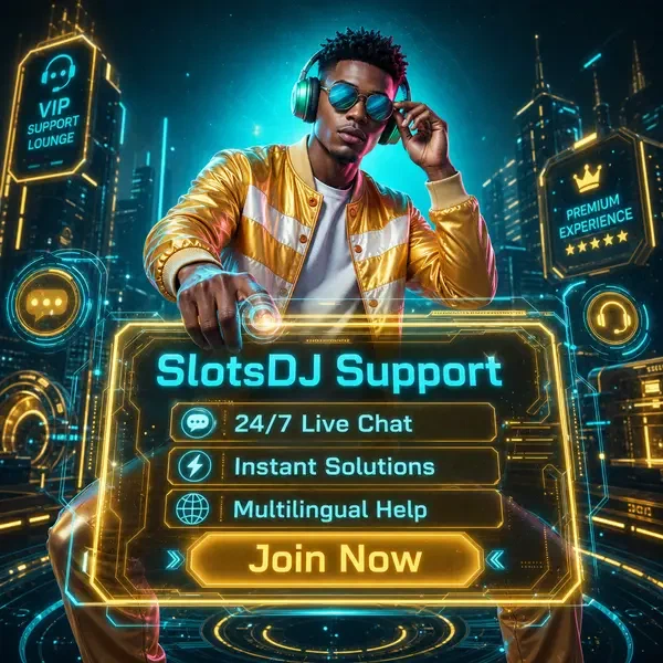 Tech-savvy support expert at SlotsDJ with holographic customer service interface