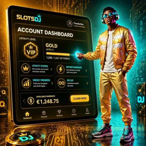 Digital trendsetter accessing SlotsDJ loyalty system dashboard with instant rakeback rewards