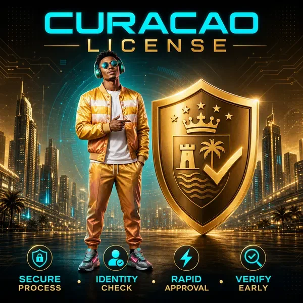 Stylish character pointing to golden security shield during Curacao License verification process