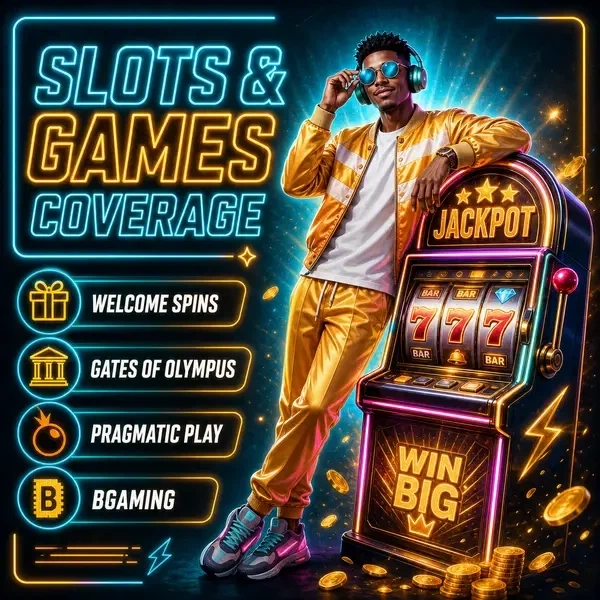 Trendy player adjusting sunglasses by glowing slot machine offering free spins at Eligible Slots and Provider Coverage