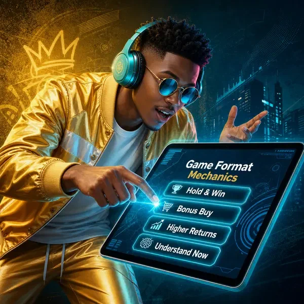 Player exploring slot mechanics on glowing tablet at Game Format Mechanics casino