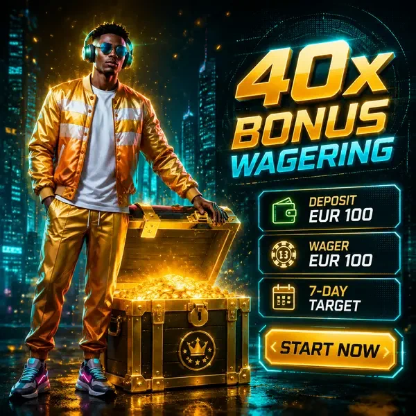 Player discovering 40x bonus wagering strategy at SlotsDJ Casino with golden treasure chest