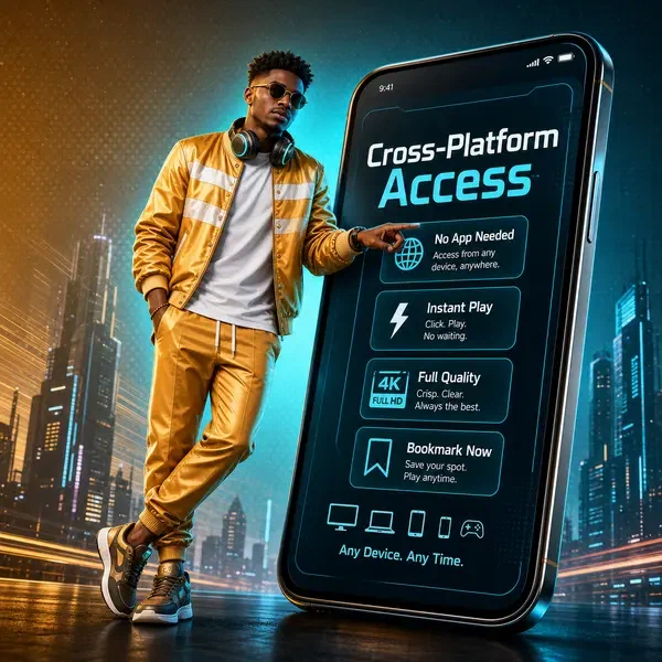 Stylish player exploring SlotsDJ cross-platform app features on futuristic smartphone