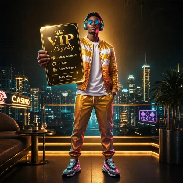 Player checking VIP loyalty rewards with golden card at SlotsDJ instant rakeback lounge