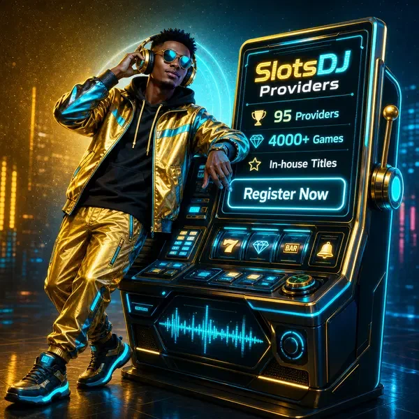 Urban DJ character engaging with SlotsDJ software provider interface displaying 4000+ games