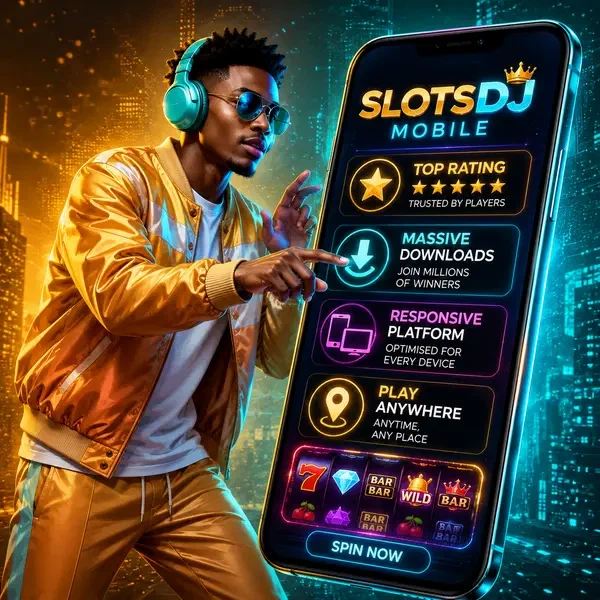 Urban trendsetter swiping through SlotsDJ Mobile app with top rating displayed on glowing screen