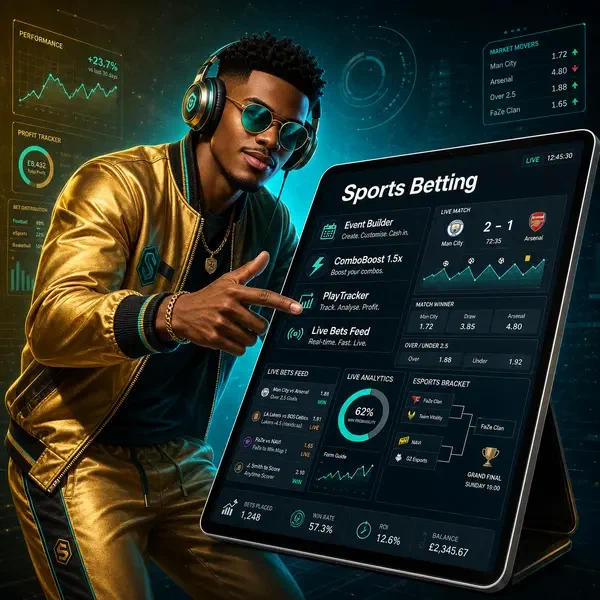 DJ character gesturing at sports betting tablet displaying live odds at SlotsDJ
